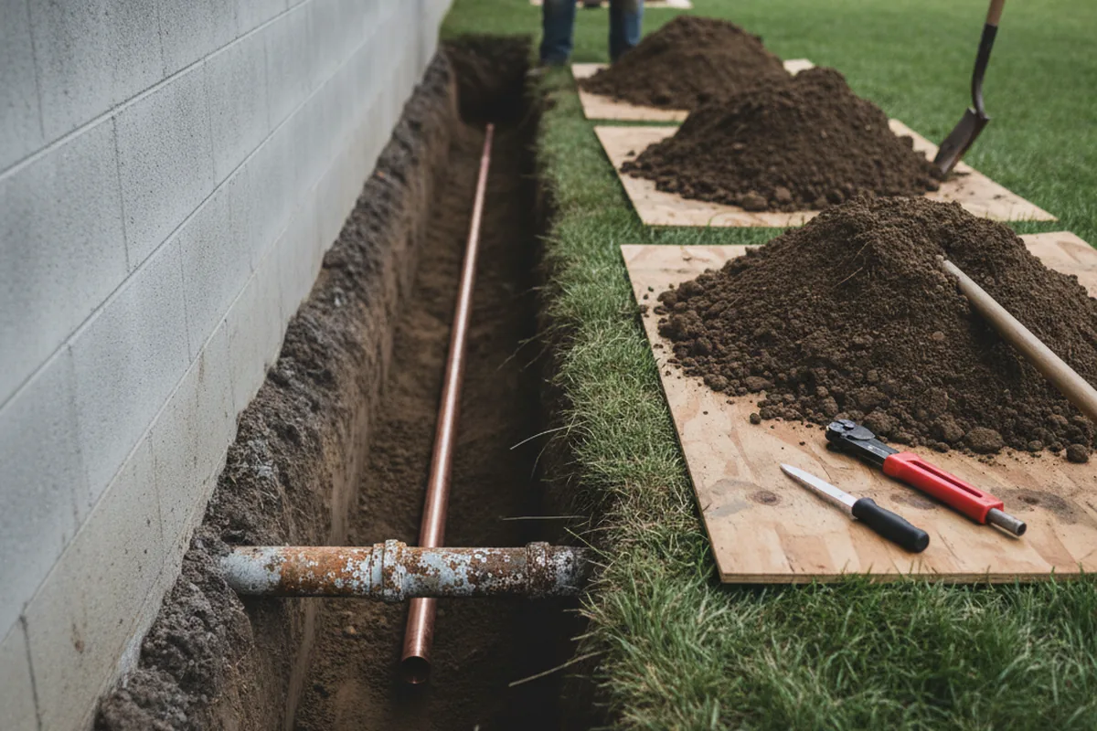 Excavated water line trench during Sewer Line Repair in Loughman